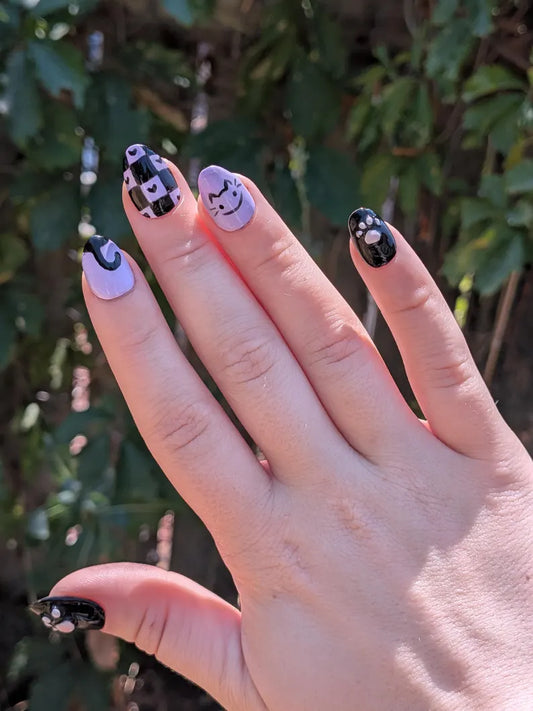 Purple and Black Kitty Cat Press on Nails