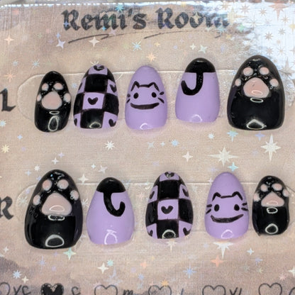 Purple and Black Kitty Cat Press on Nails