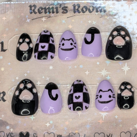 Purple and Black Kitty Cat Press on Nails