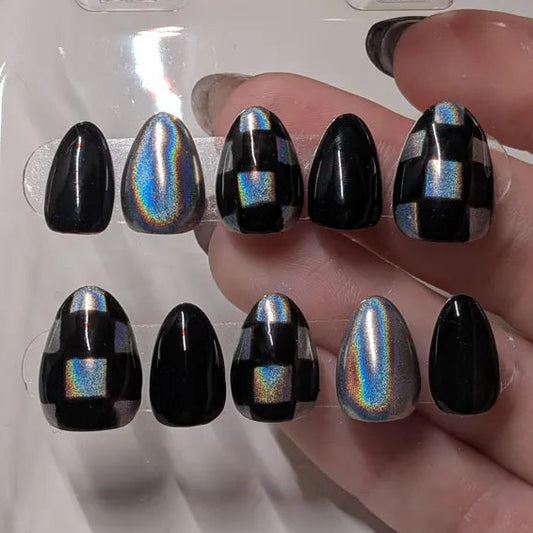 Holographic Checkered Press on Nails