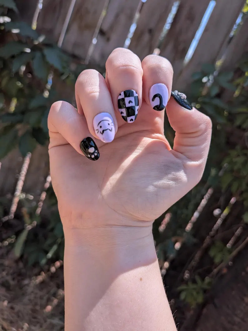Purple and Black Kitty Cat Press on Nails