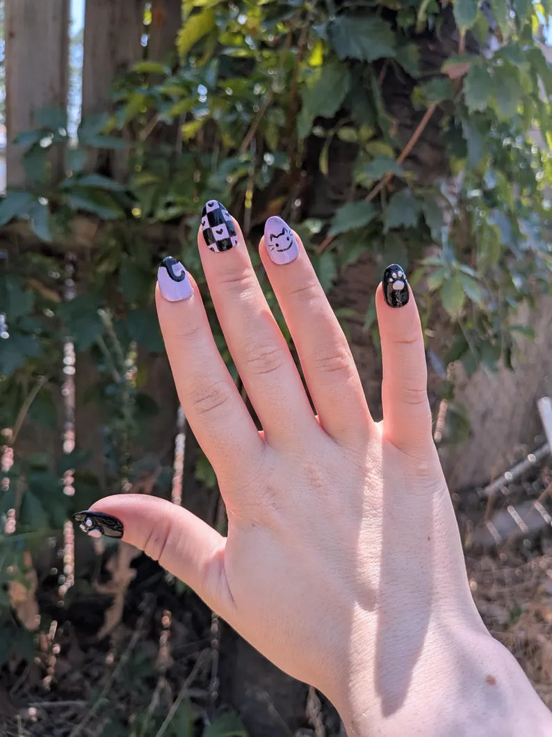 Purple and Black Kitty Cat Press on Nails