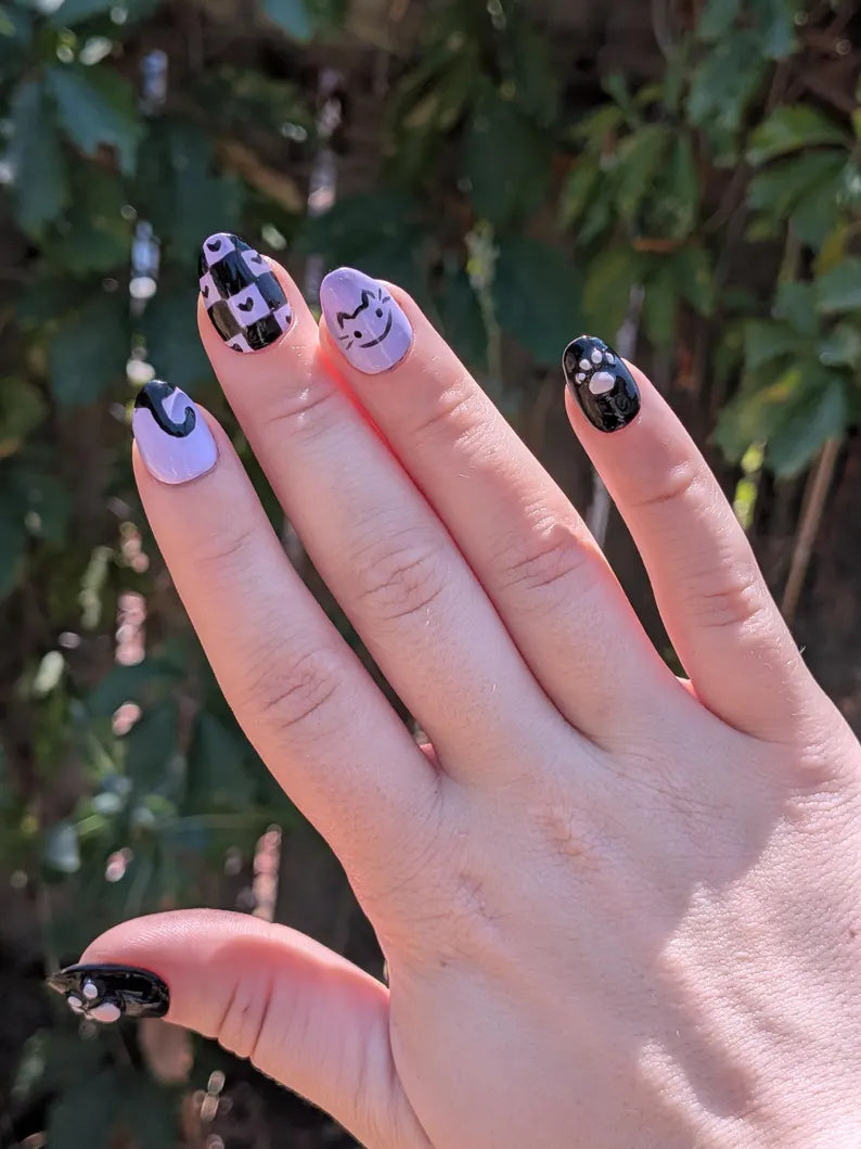 Purple and Black Kitty Cat Press on Nails
